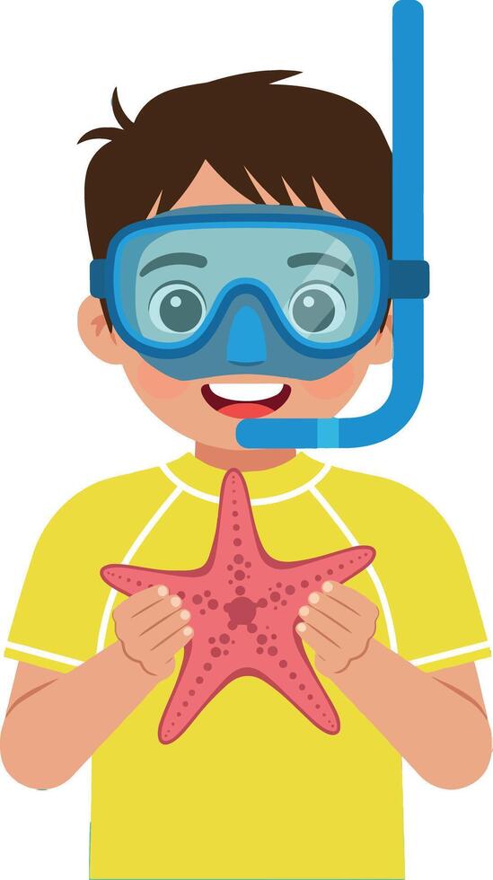 Boy holding pink starfish wearing snorkeling gear yellow shirt illustration vector