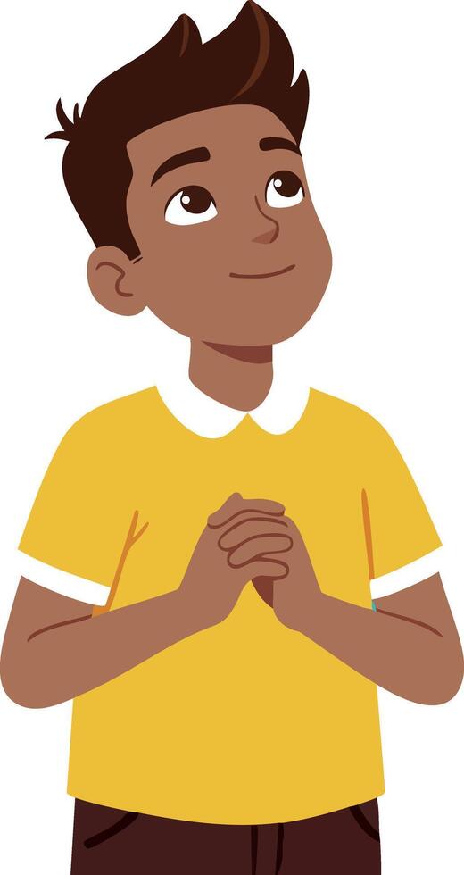 Boy in Yellow Shirt Looking Up and Clasping Hands Illustration vector