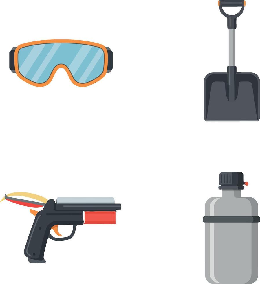 Safety goggles shovel slingshot and water bottle camping gear equipment illustration vector