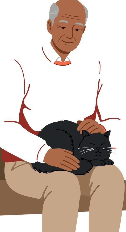 Elderly man sitting with black cat on lap in calm moment illustration vector