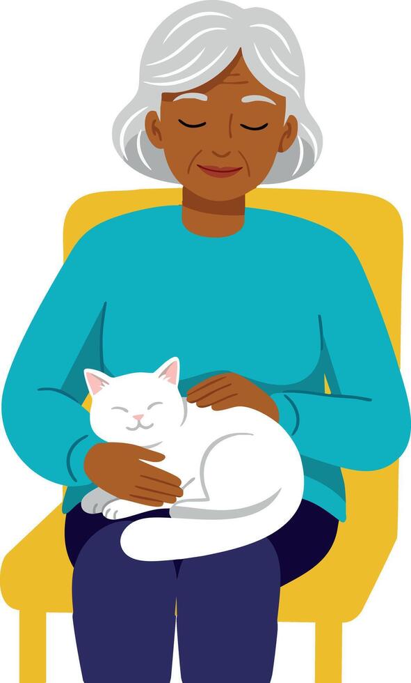 Elderly woman sitting on chair with white cat in lap relaxing calm scene vector