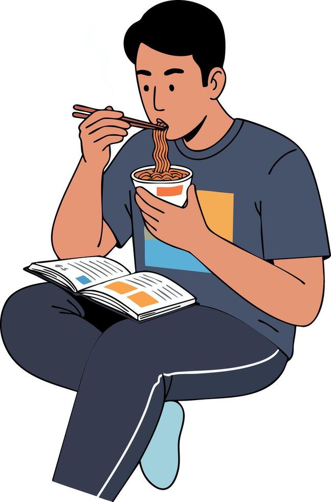 Man Eating Noodles While Reading Book Relaxed Lifestyle Illustration vector