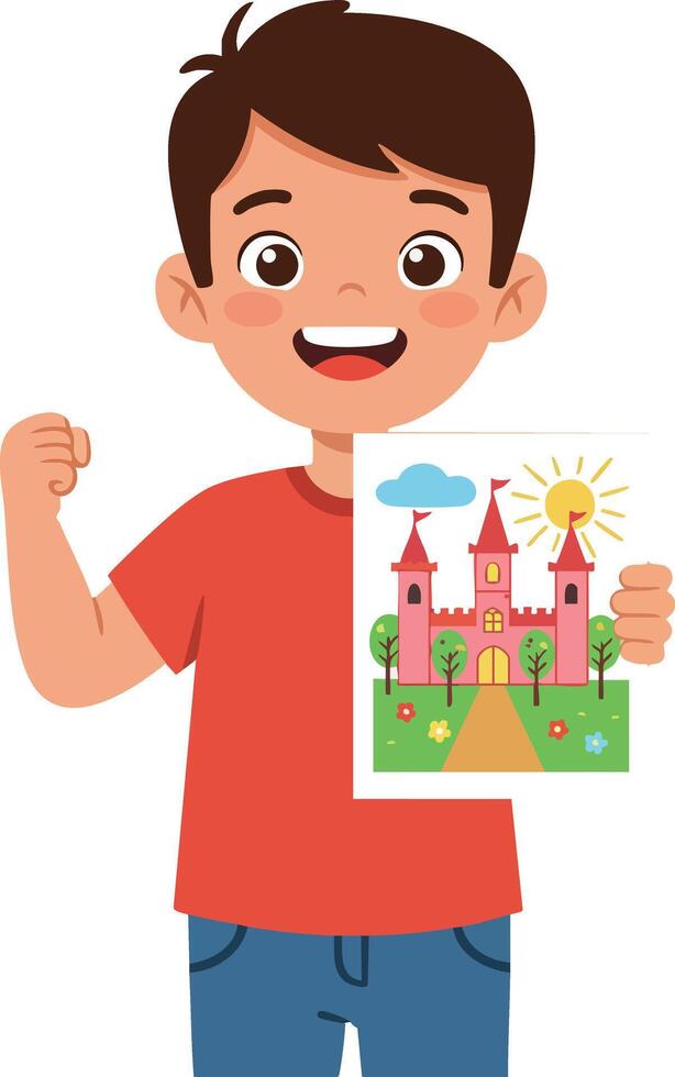 Boy holding colorful castle drawing with red shirt and blue jeans illustration vector