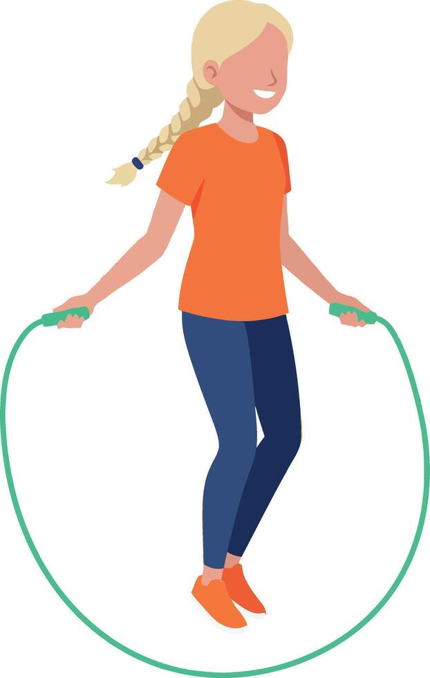 Girl jumping rope in orange shirt and blue pants illustration active lifestyle vector