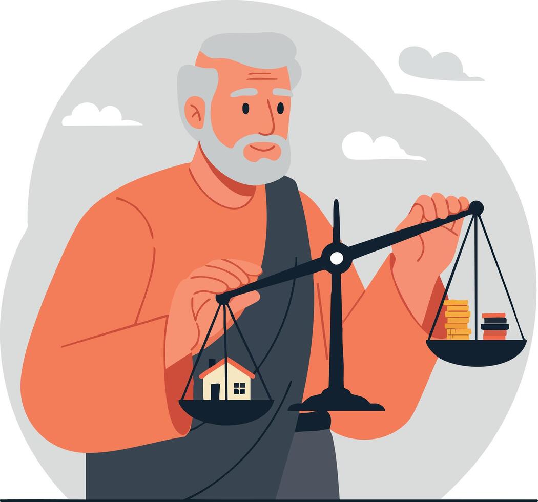 Elderly man holding scales balancing house and coins concept of financial decision making illustration vector