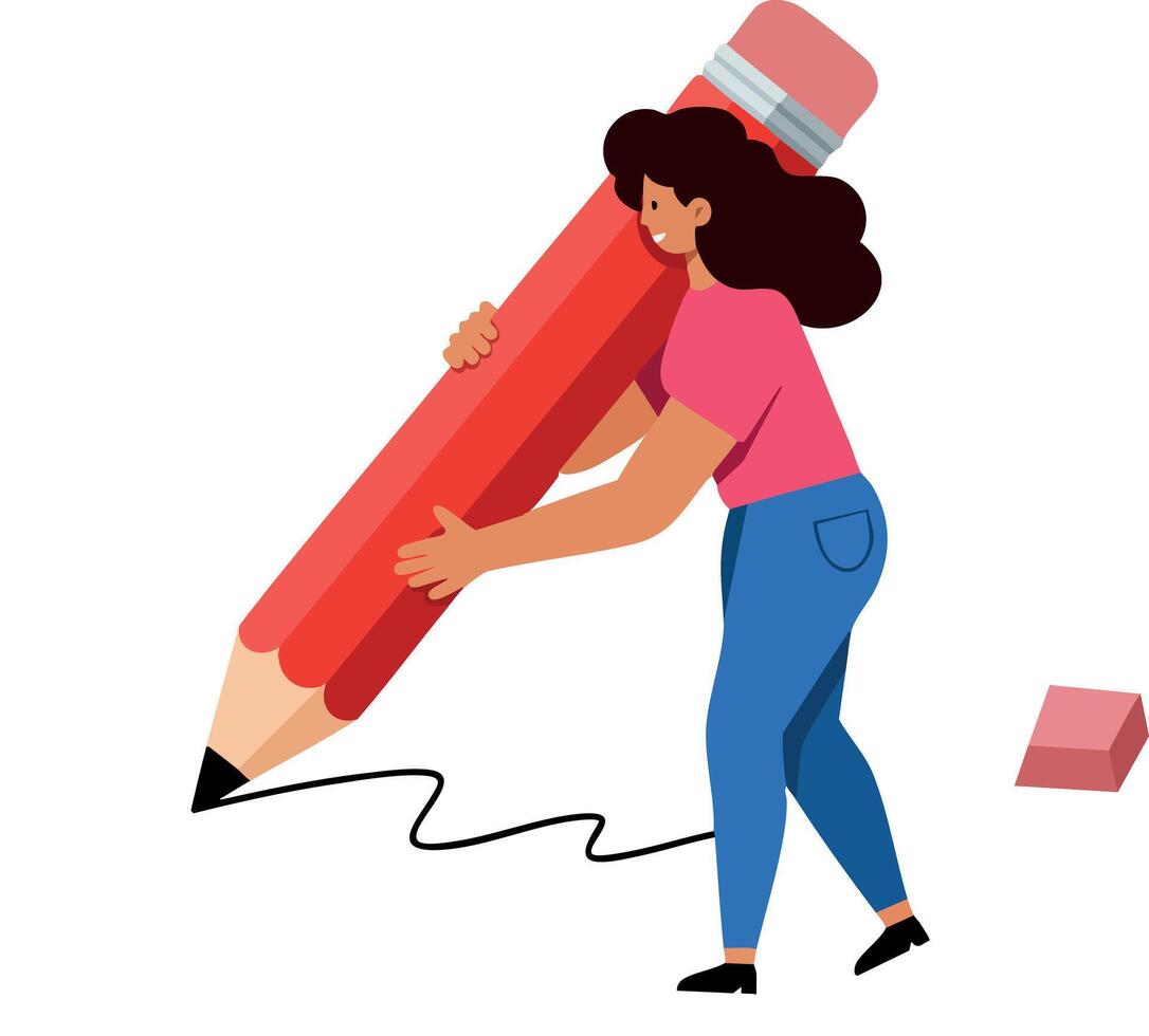 Woman holding large red pencil drawing with eraser on white background illustration vector