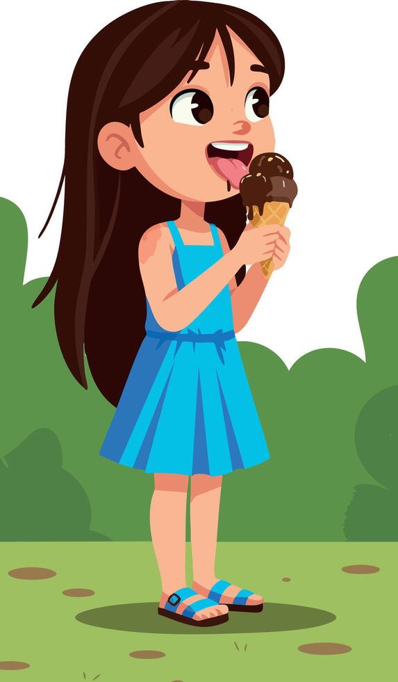 Girl Enjoying Chocolate Ice Cream Cone Outdoors in Blue Dress and Sandals vector