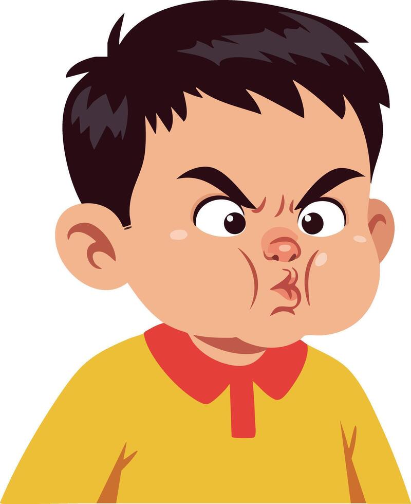 Angry boy making face with yellow shirt and red collar illustration vector