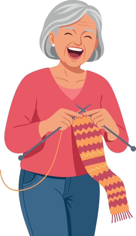 Elderly woman knitting colorful scarf happily indoors with gray hair and casual outfit illustration vector