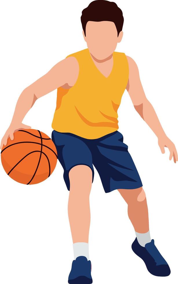Young male basketball player dribbling ball in orange jersey and blue shorts illustration vector