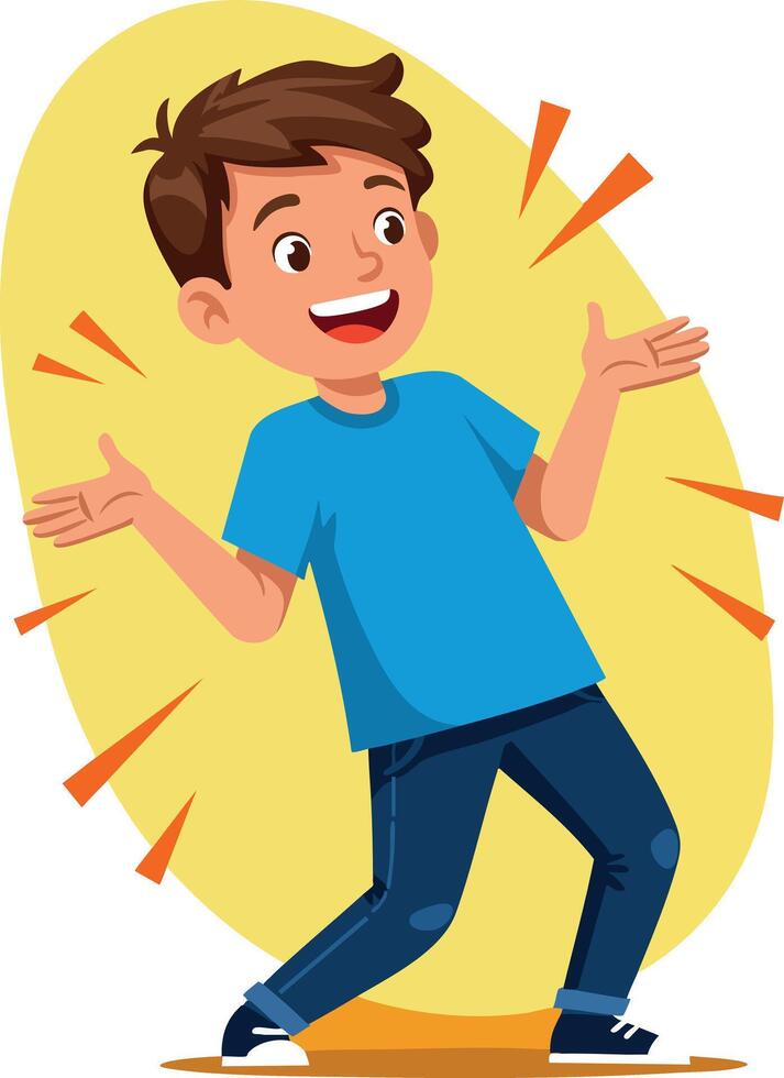 Happy young boy in blue t-shirt laughing and gesturing with hands cartoon illustration vector