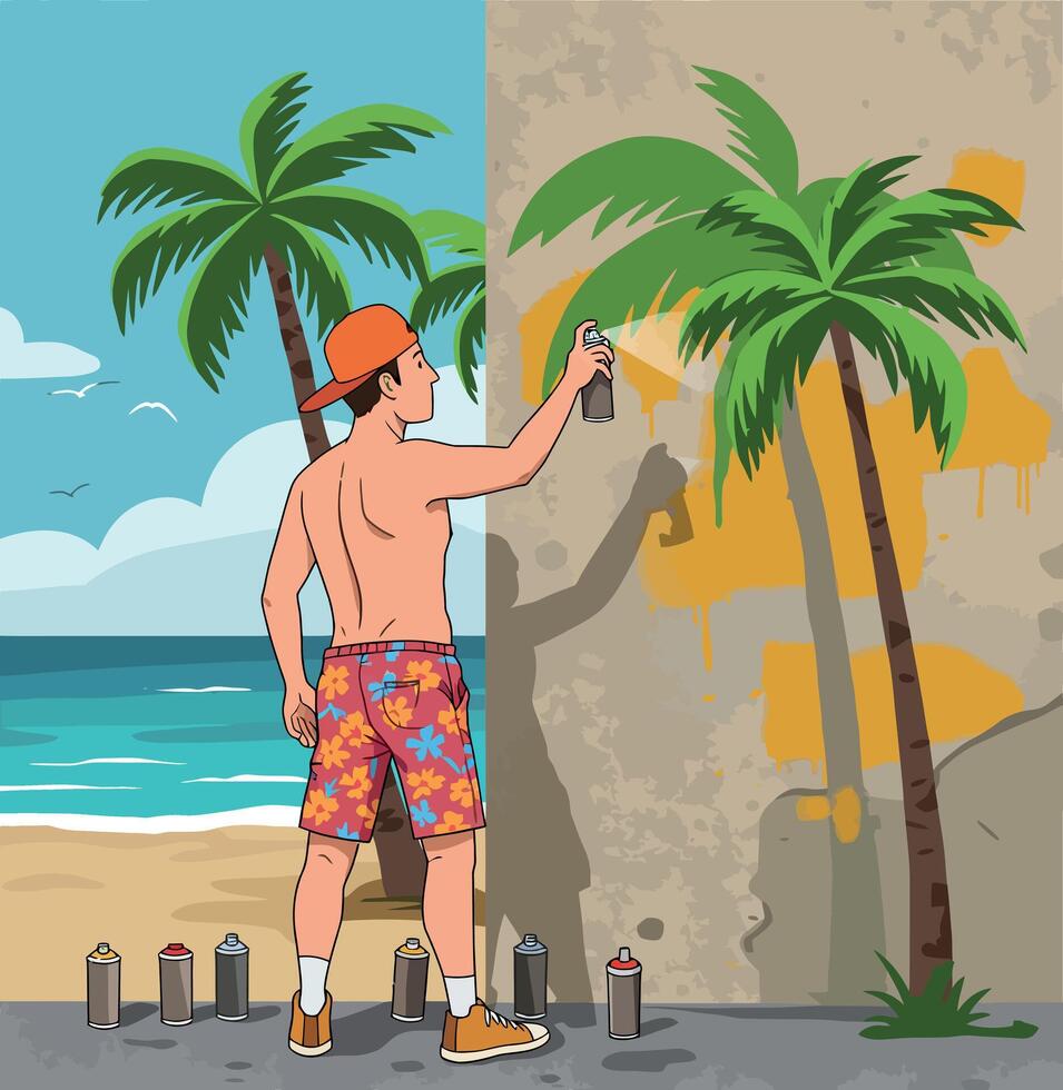 Male Graffiti Artist Painting Palm Tree Mural on Wall at Beach Scene Illustration vector