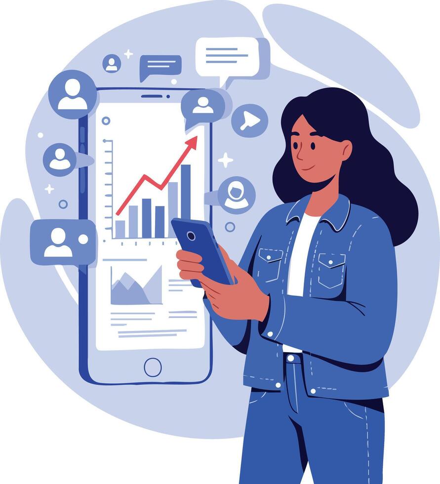Woman using smartphone with social media growth analytics and communication icons illustration vector
