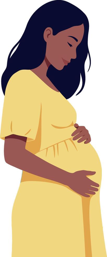 Pregnant woman in yellow dress holding belly illustration portrait calm and hopeful vector