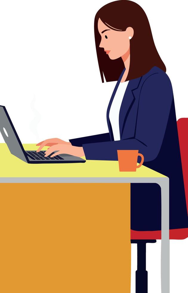 Woman working on laptop at office desk with coffee cup in flat style vector