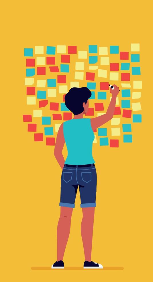 Person arranging colorful sticky notes on yellow wall in creative workspace illustration vector