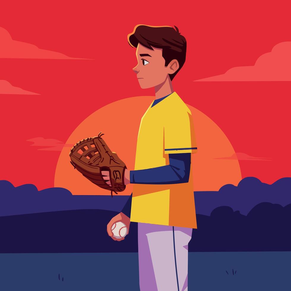 Baseball player standing with glove and ball against sunset background illustration vector