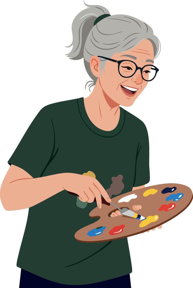 Elderly woman painting with color palette and brush in casual green shirt smiling vector