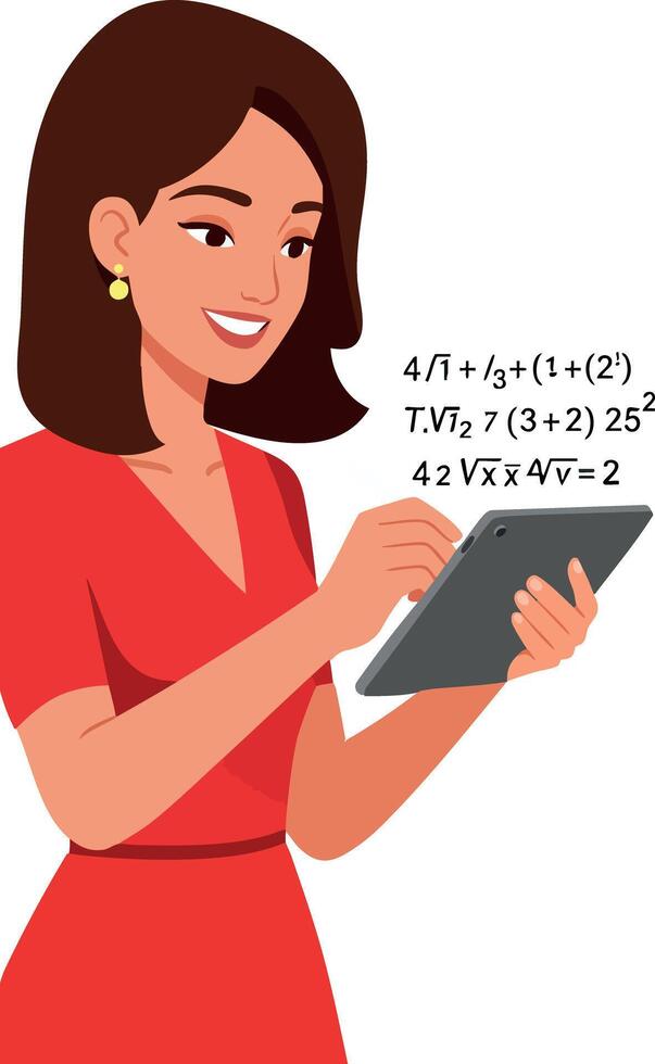 Woman in red dress using digital tablet with math equations illustration vector