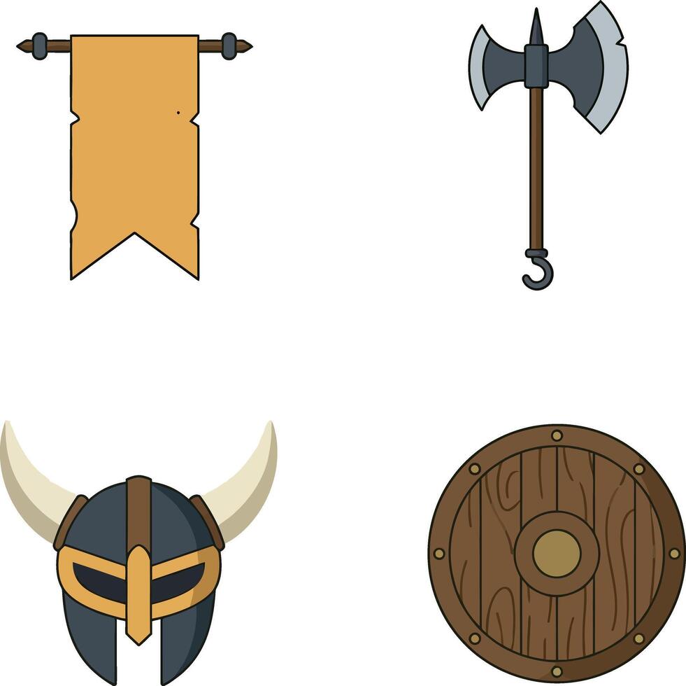 Viking helmet axe wooden shield and medieval banner illustration set vector