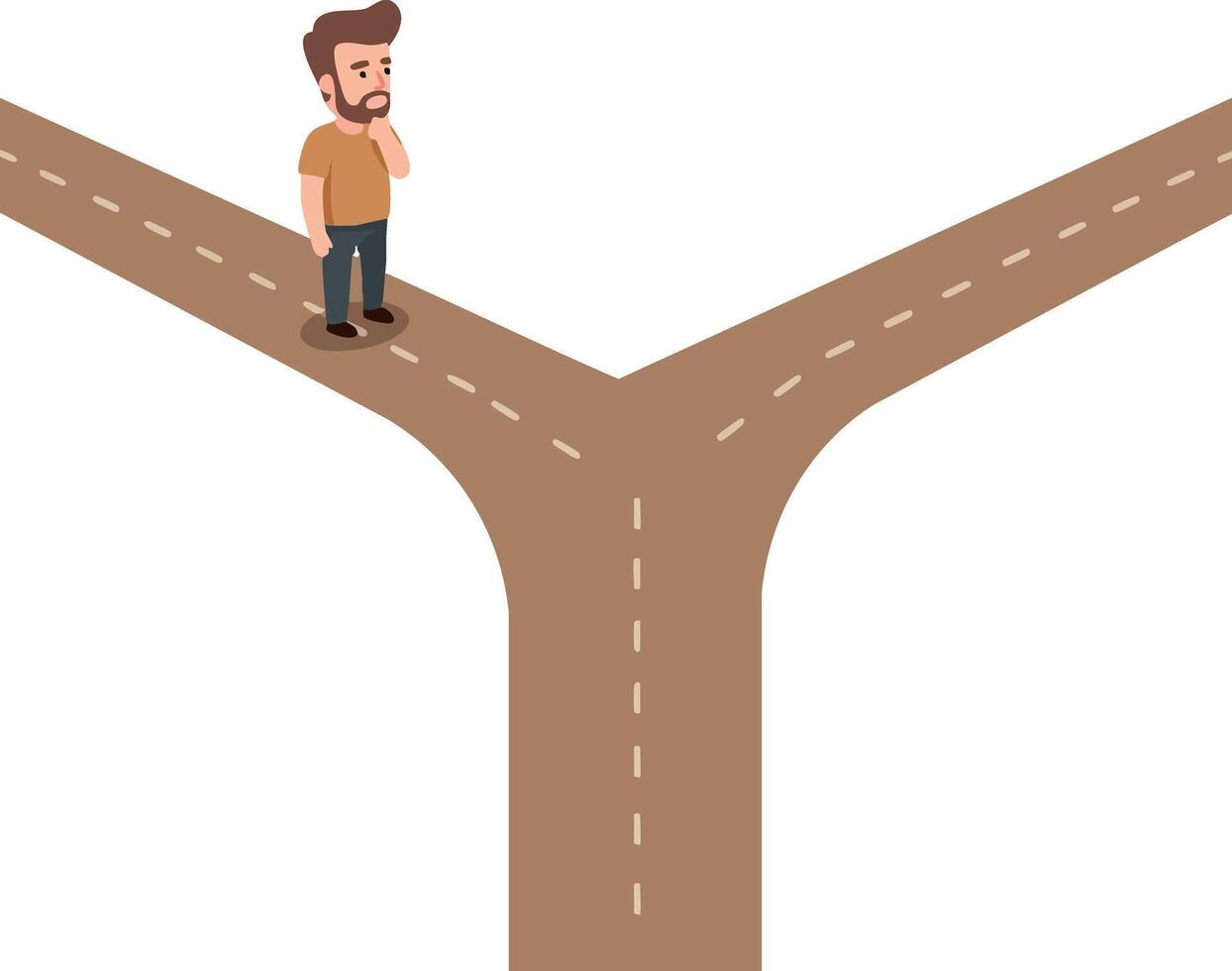 Man standing thinking at forked road decision crossroads illustration vector