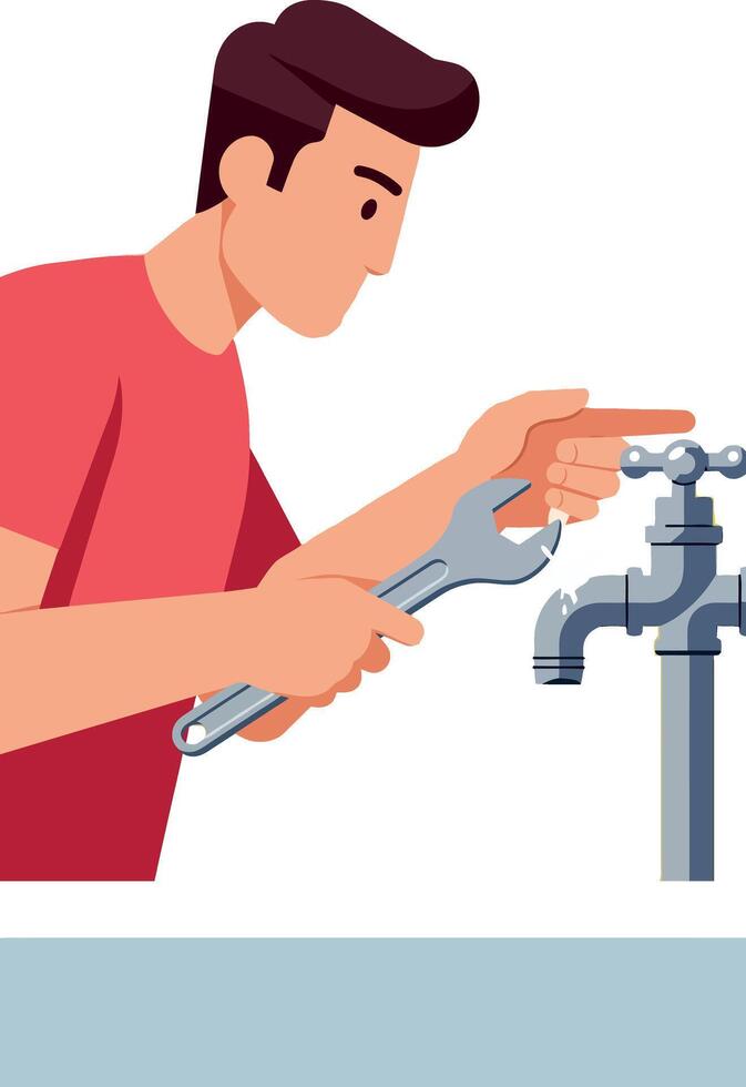 Young man fixing water faucet with wrench illustration in red shirt vector