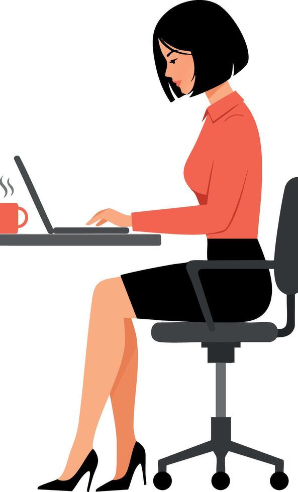 Woman working on laptop at office desk with red coffee cup sitting on chair illustration vector