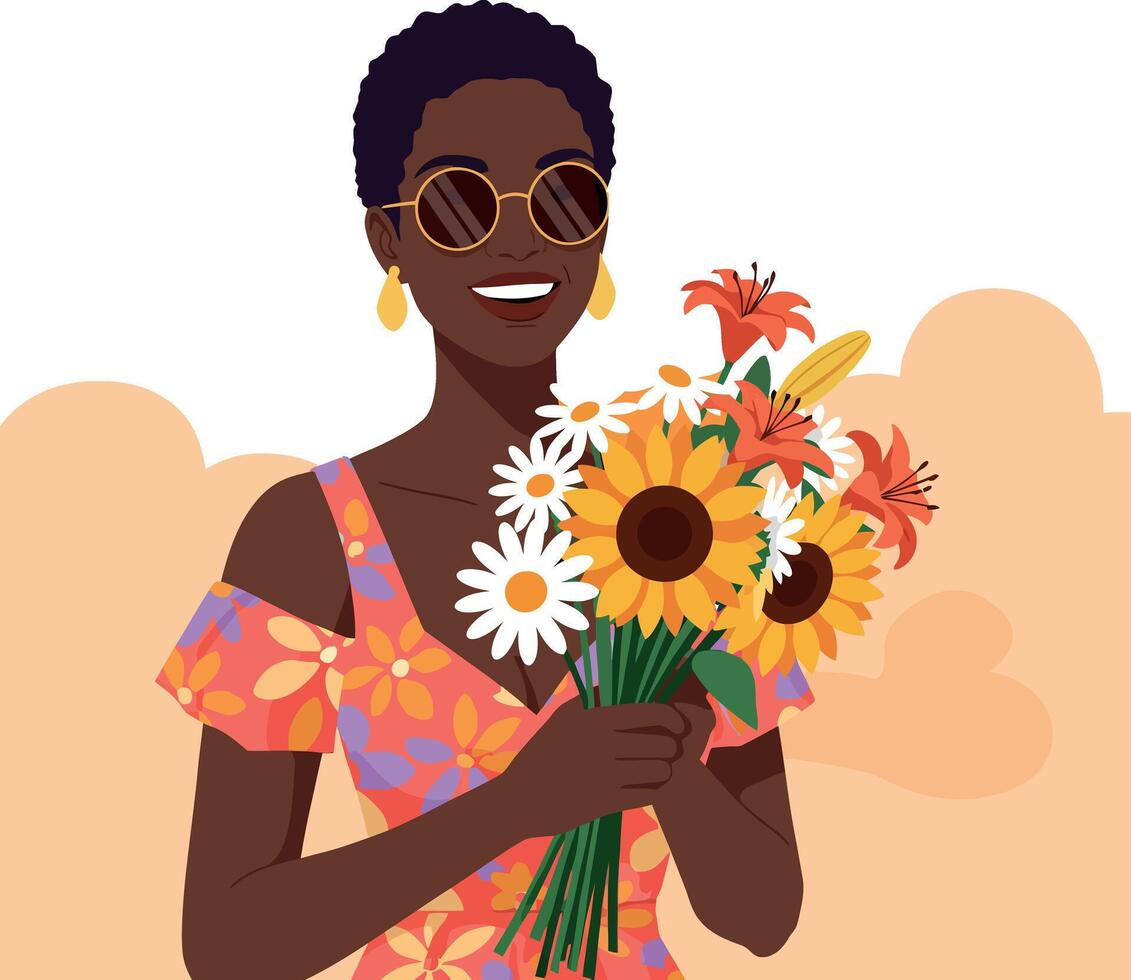 Woman Wearing Sunglasses Holding Colorful Bouquet of Flowers in Summer Dress Smiling vector
