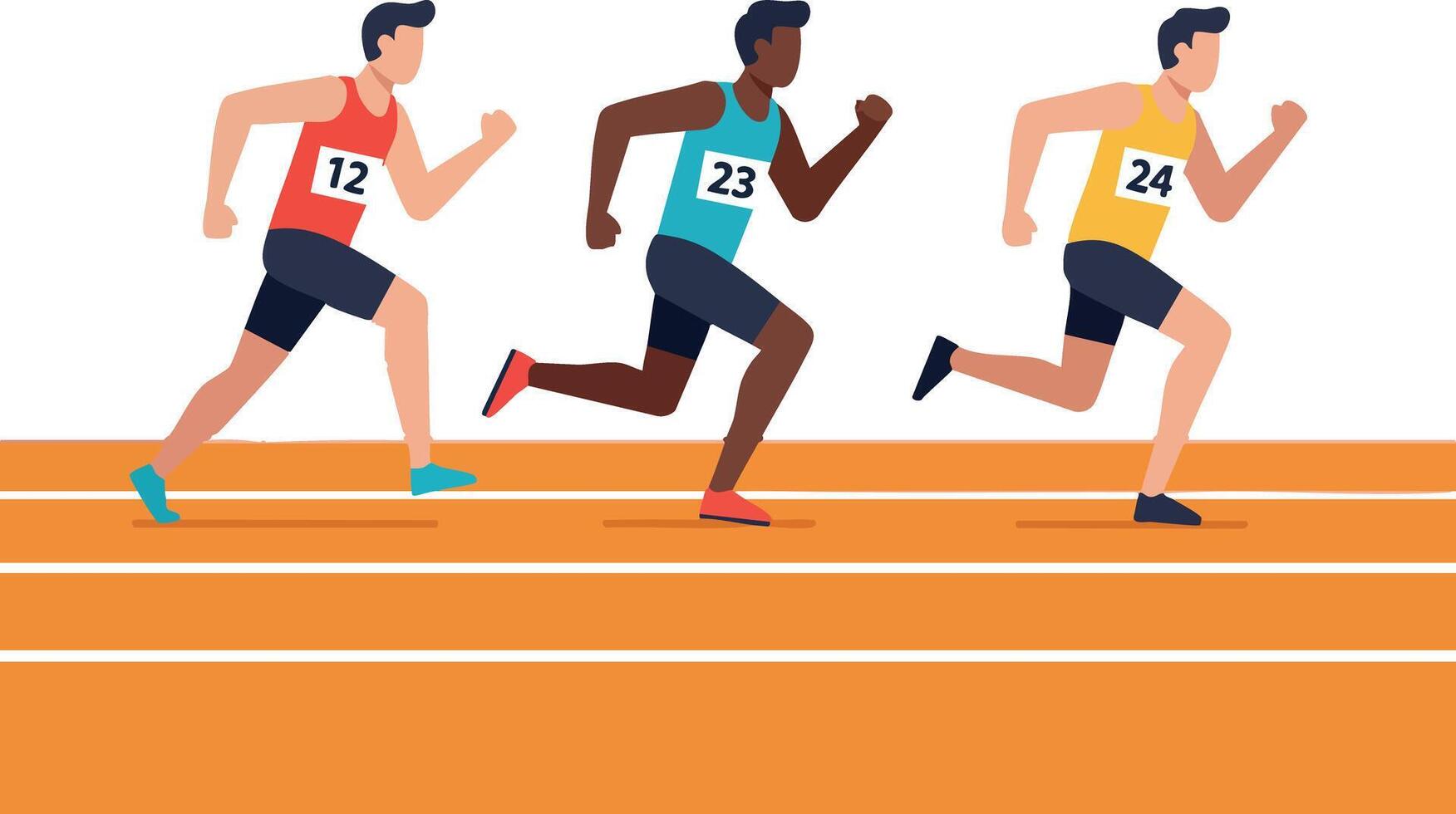 Three Male Runners Competing in Track and Field Race Sprinting on Running Track vector