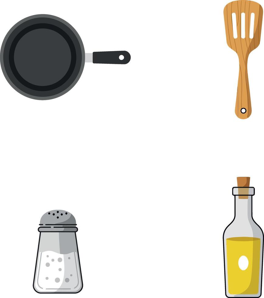 Kitchen utensils frying pan spatula salt shaker olive oil bottle illustration set vector