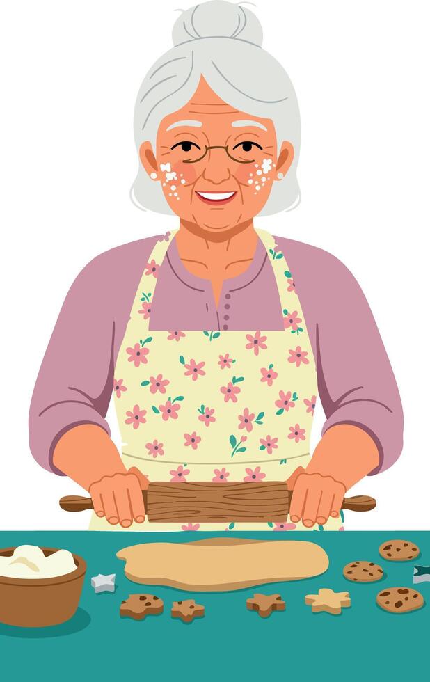 Elderly Woman Baking Cookies with Rolling Pin in Apron Kitchen Scene Illustration vector