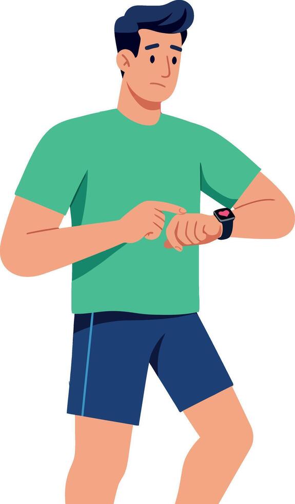 Man Checking Smartwatch Fitness Tracker Green Shirt Blue Shorts Illustration vector