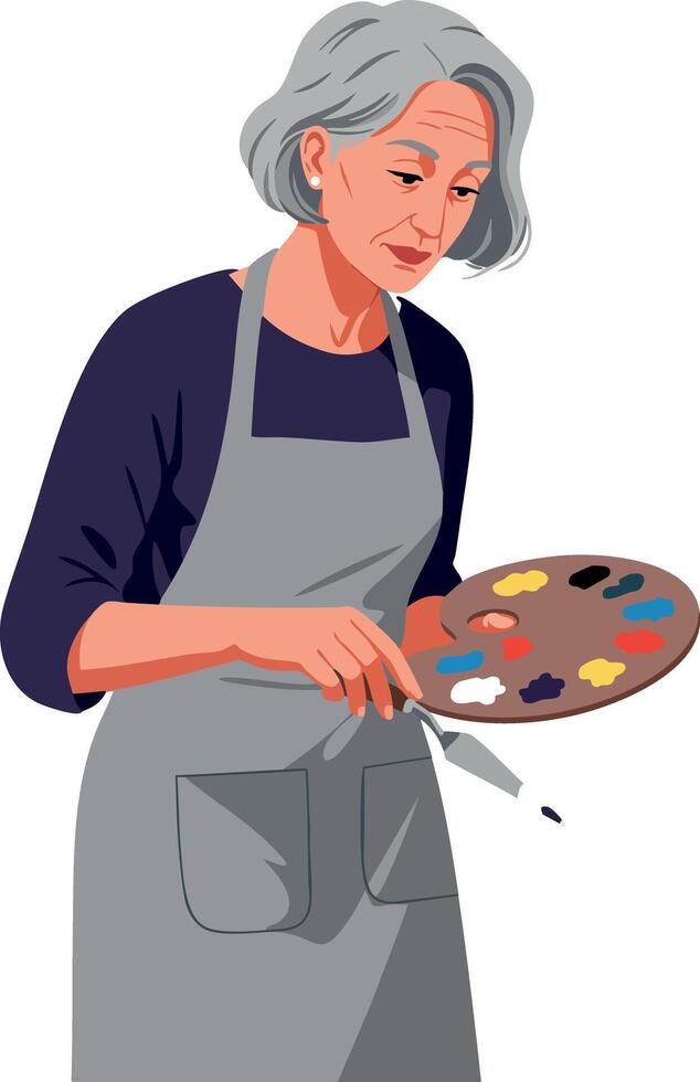 Mature Female Artist Painting with Palette and Brush in Apron Creative Hobby Scene vector