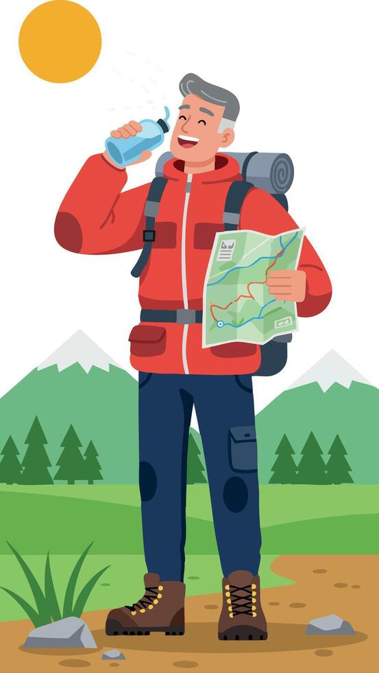 Male Hiker Drinking Water and Checking Map in Mountain Landscape Illustration vector