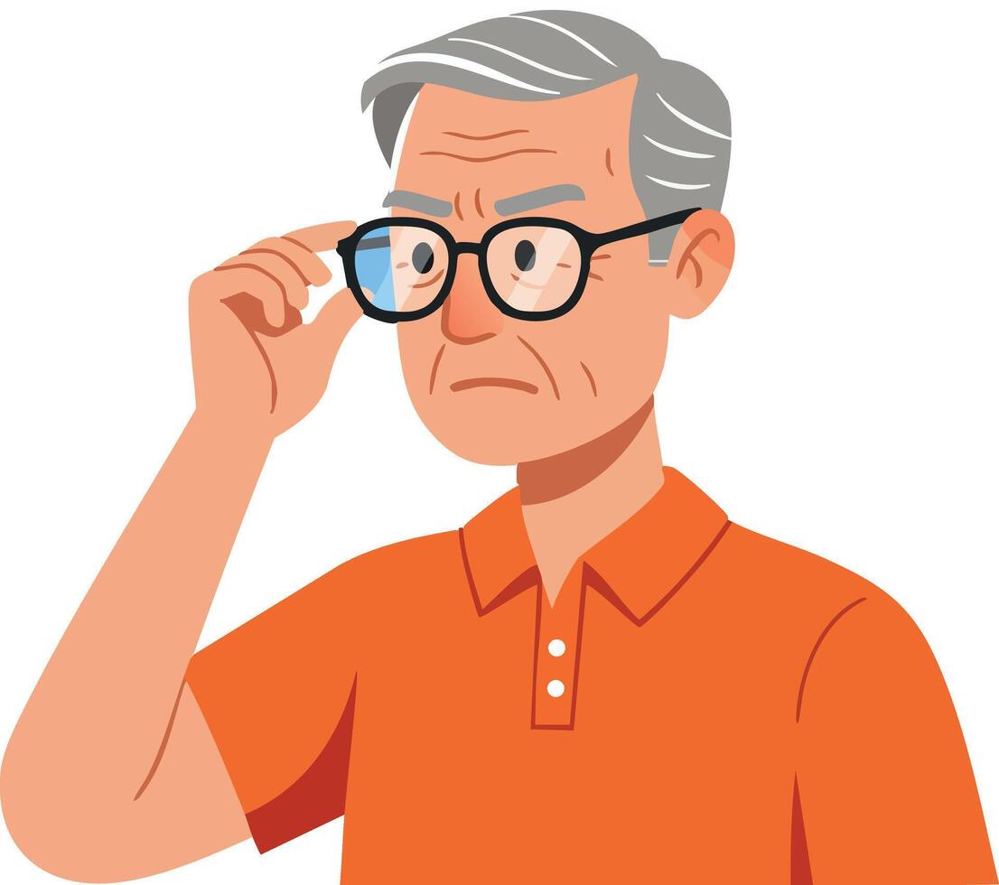 Elderly man wearing glasses in orange polo shirt thinking illustration vector