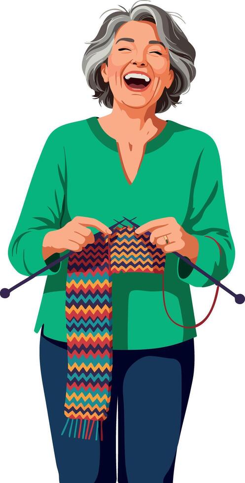 Older woman knitting colorful scarf with joy and focus in casual green top and blue pants illustration vector