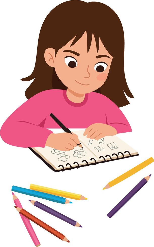Girl drawing with colored pencils on paper in pink shirt creative activity vector