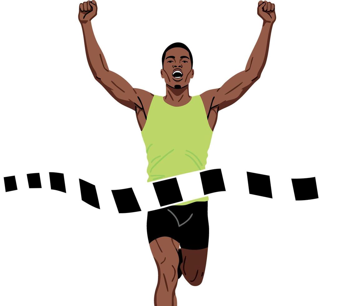 Male athlete crossing finish line in running race victory celebration illustration vector
