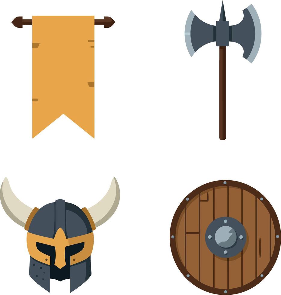 Viking warrior helmet axe wooden shield and banner illustration set vector