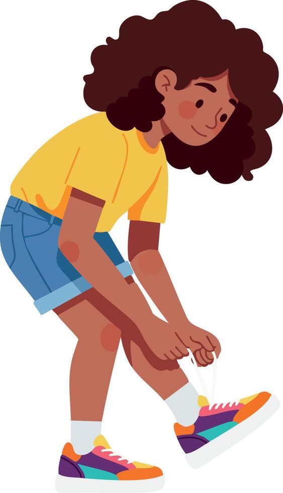 Girl tying shoelaces on colorful sneakers in casual summer outfit illustration vector