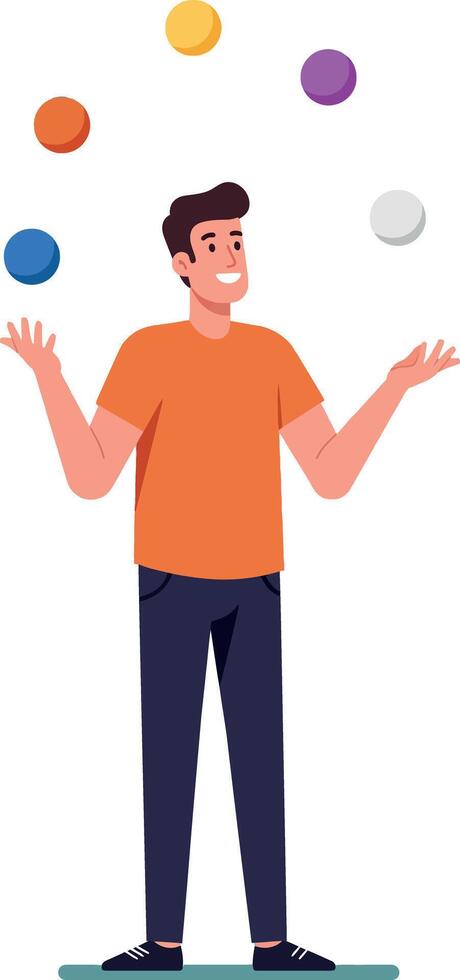 Man Juggling Colorful Balls in Orange Shirt and Black Pants Illustration vector
