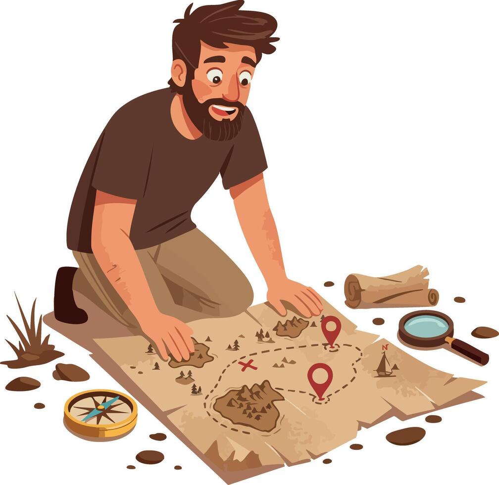 Man exploring treasure map with compass and magnifying glass illustration vector