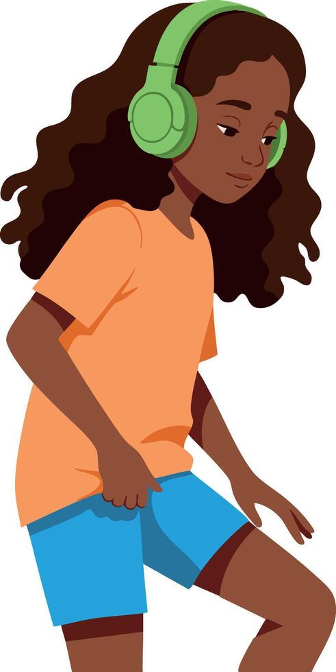 Girl with green headphones listening to music in casual clothing illustration vector