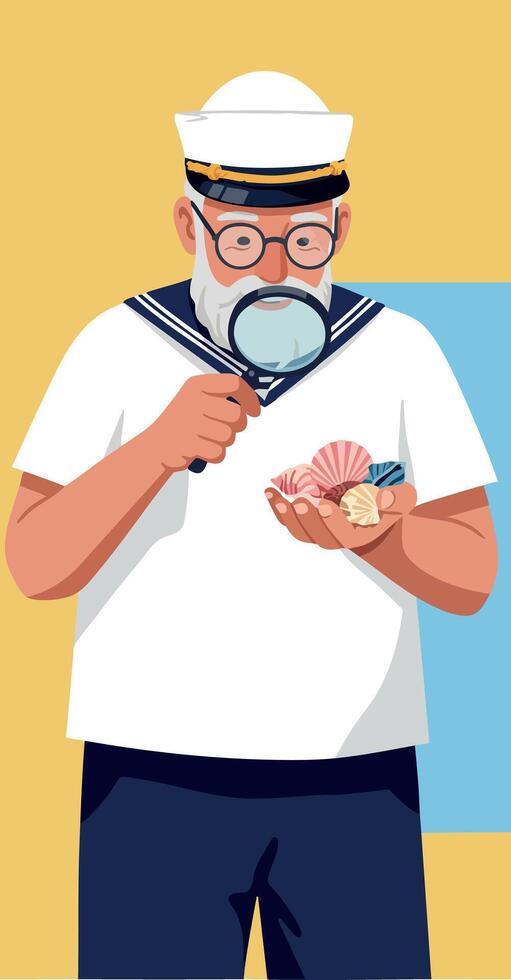 Elderly sailor inspecting seashells with magnifying glass in casual summer outfit illustration vector
