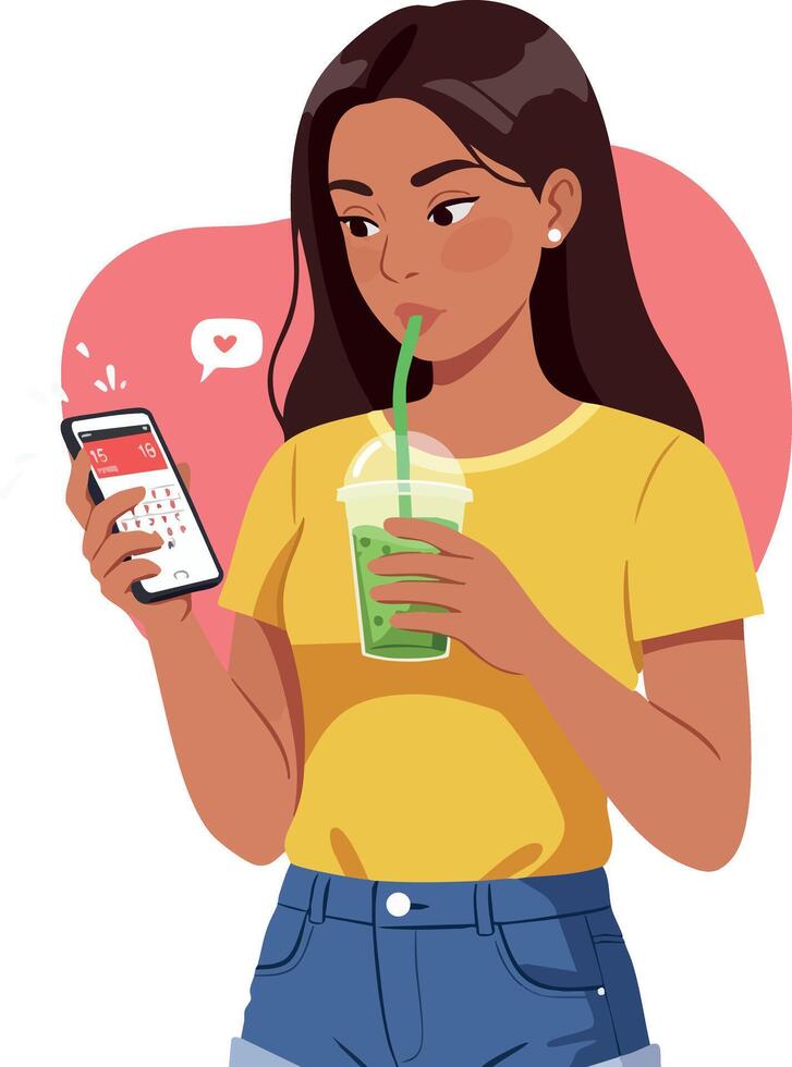 Young woman drinking green smoothie while using smartphone in casual outfit illustration vector