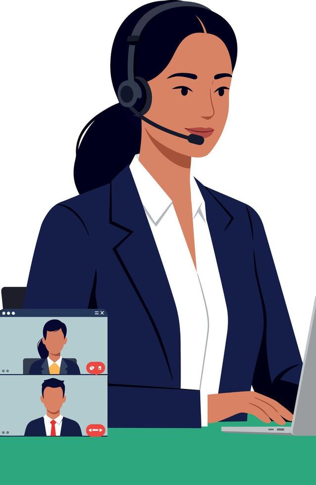 Professional female call center agent providing remote customer support in headset office environment vector