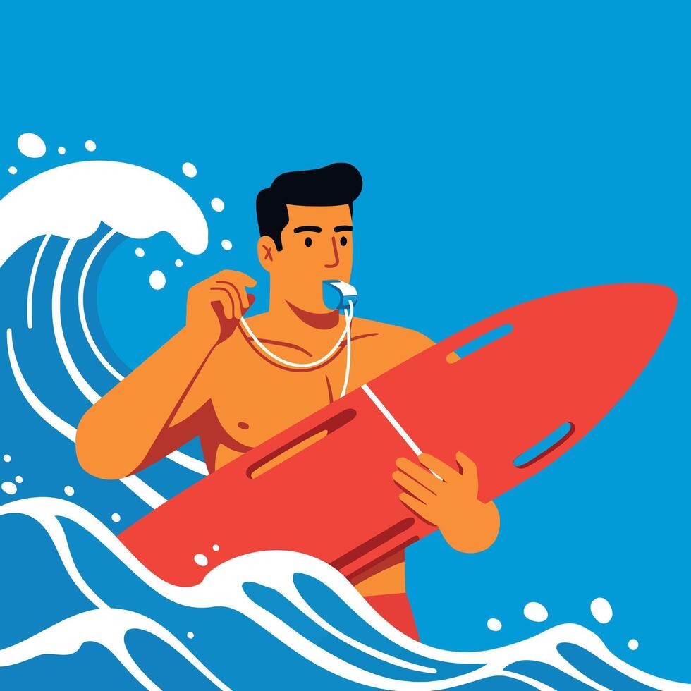 Male Lifeguard Holding Red Rescue Board Blowing Whistle in Ocean Waves Illustration vector