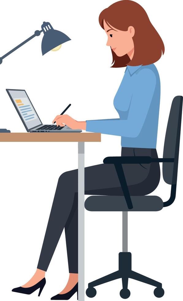 Woman working on laptop with pen and desk lamp in office illustration vector