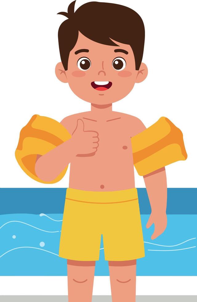 Boy Wearing Yellow Swim Armbands Giving Thumbs Up by Poolside Summer Fun vector