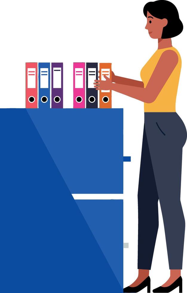 Woman organizing colorful office binders on blue cabinet in modern workspace illustration vector